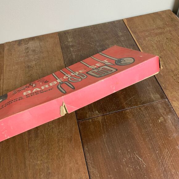 Vintage 1970s five (5) piece metal wooden handle leather loop BBQ Set UNUSED - Picture 3 of 9